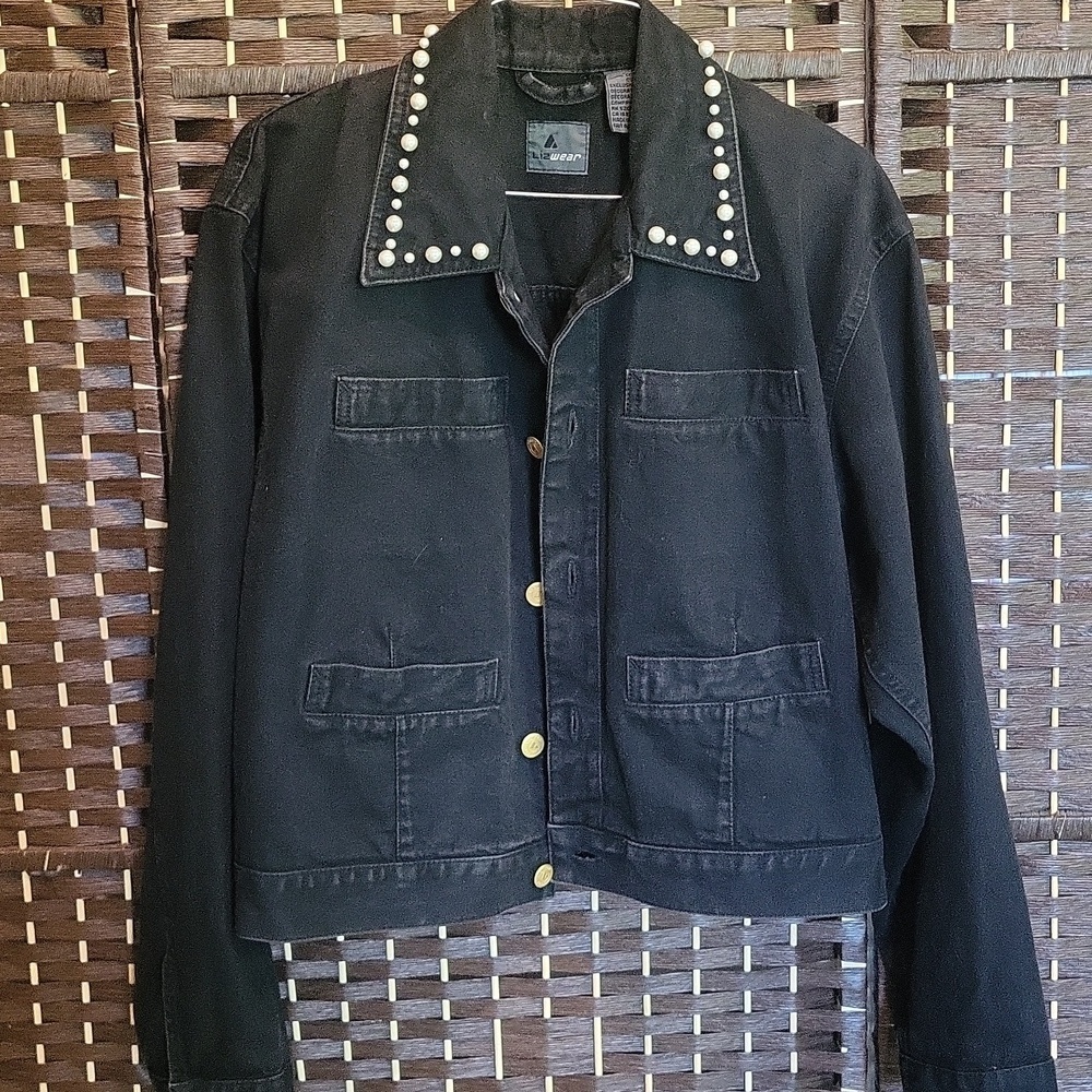 Chic Black Jean Jacket with Pearl Accents